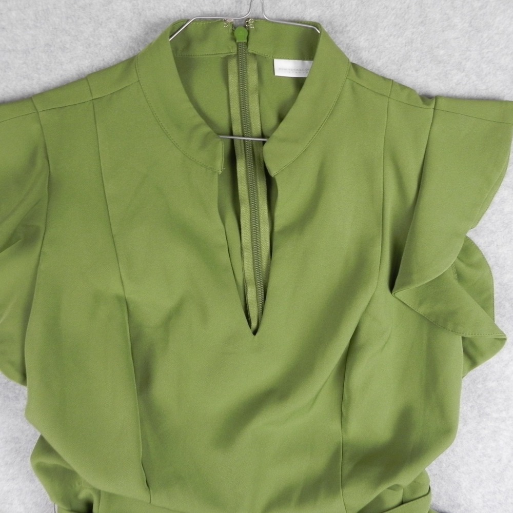 New York & Company Jumpsuit Womens Large Madie V-Neck Ruffled Shoulder Green - Picture 2 of 13